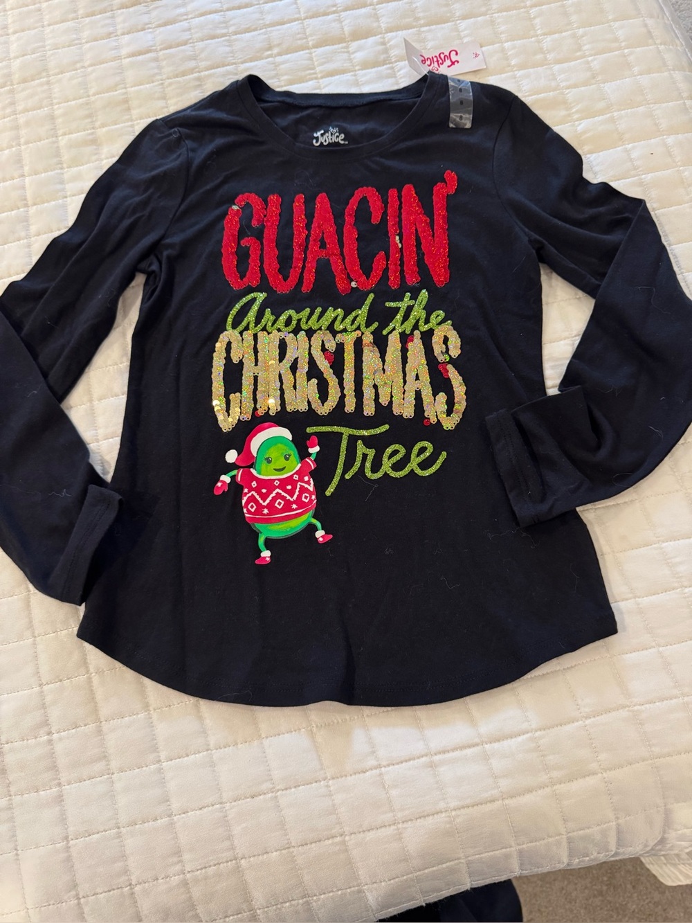 Justice Black Long Sleeve 'Guacin' Around the Christmas Tree' Tee